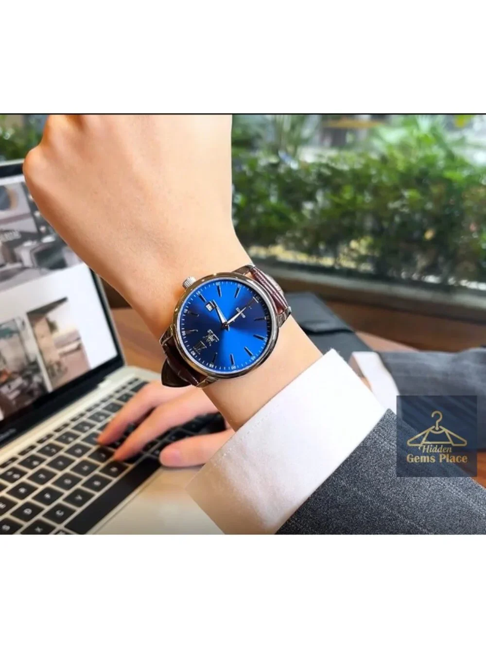 Men's Leather Strap Watch Quartz Analog 41mm Water Resistant Dress Timepiece